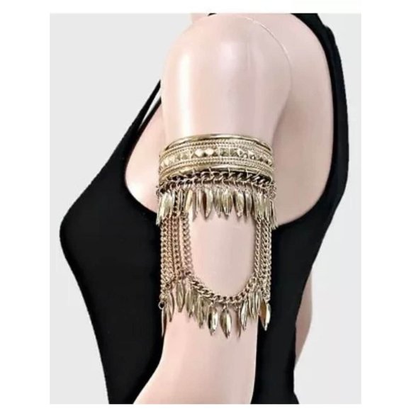 Upper arm cuff , leaf arm cuff , gold armband, fringe  upper arm bracelet, arm - Picture 1 of 2